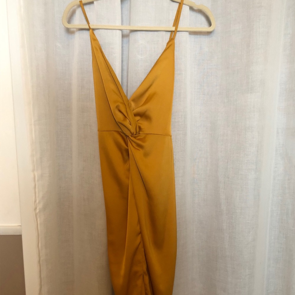 Mustard yellow satin cocktail dress